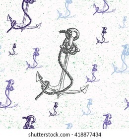 Seamless pattern. Hand drawn illustration of nautical anchor. Vector design element of ship in line art style with engraved elements. Sketch isolated on vintage background for print, brochure, textile