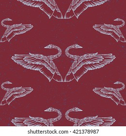 Seamless pattern. Hand drawn illustration of a pair of swans. Vector design geometric element in line art style engraved on vintage background. Tattoo isolated sketch. Abstract bird couple silhouette
