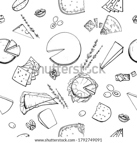Seamless pattern. Hand drawn illustration of different types of cheese. Serving gourmet cheese. Dairy farm products. Cheese store. Handwritten graphic technique