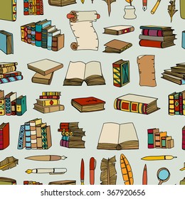 Seamless pattern of Hand Drawn Illustrations of Big Set Books and pen. Doodle vector illustration isolated on light Colored background.