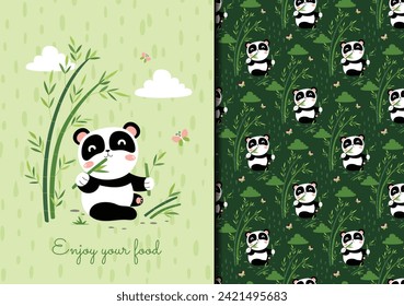 seamless pattern with a hand drawn image of a cute panda eating bamboo leaves accompanied by butterflies on a green background