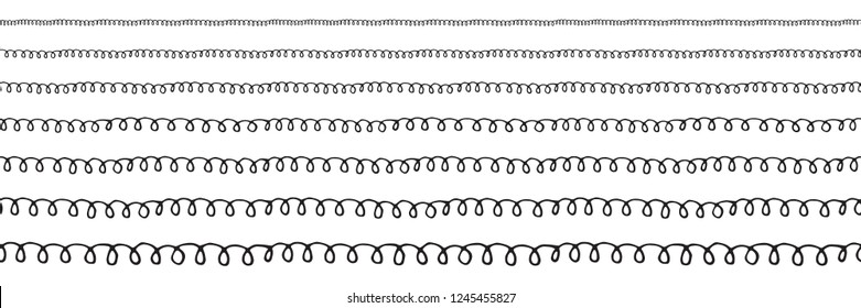 Seamless pattern with hand drawn imitation of serpentine, electric cable, cord or wire. Sketched spiral of different sizes isolated on white background