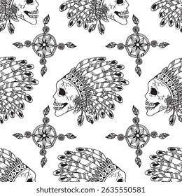 Seamless pattern with hand drawn indian skull and feathers on black and white. Vector illustration.