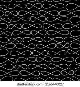 Seamless pattern of hand drawn infinity signs on a black background. Vector illustration for printing on paper, fabric, packaging, wallpaper.