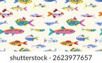 Seamless pattern with Hand drawn ink vector fishes. Conceptual, naive marine sketch.  Element for poster, social media, banners, invitation, textile design. Trendy abstract sardine background.