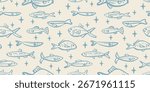 Seamless pattern with Hand drawn ink vector sketch fishes. Conceptual, naive marine sketch.  Element for poster, social media, banners, invitation, textile design. Trendy abstract sardine background.
