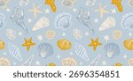 Seamless pattern with Hand drawn ink vector seashells and stars. Conceptual, naive marine sketch background.  Element for poster, social media, banners, invitation. Trendy seafood menu template.