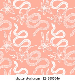 Seamless pattern. Hand drawn ink snake and lilies flowers, vector illustration. Snake silhouette illustration. Graphic sketch for print, patterns, clothes, fashion design, background, decor, textile.