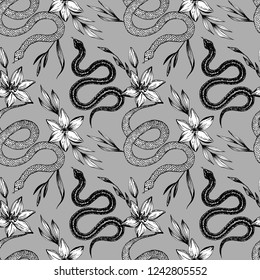 Seamless pattern. Hand drawn ink snake and lilies flowers, vector illustration. Snake silhouette illustration. Graphic sketch for print, patterns, clothes, fashion design, background, decor, textile.