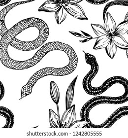 Seamless pattern. Hand drawn ink snake and lilies flowers, vector illustration. Snake silhouette illustration. Graphic sketch for print, patterns, clothes, fashion design, background, decor, textile.