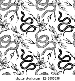Seamless pattern. Hand drawn ink snake and lilies flowers, vector illustration. Snake silhouette illustration. Graphic sketch for print, patterns, clothes, fashion design, background, decor, textile.