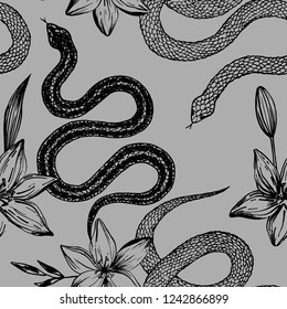 Seamless pattern. Hand drawn ink snake and lilies flowers, vector illustration. Snake silhouette illustration. Graphic sketch for print, patterns, clothes, fashion design, background, decor, textile.