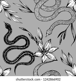 Seamless pattern. Hand drawn ink snake and lilies flowers, vector illustration. Snake silhouette illustration. Graphic sketch for print, patterns, clothes, fashion design, background, decor, textile.