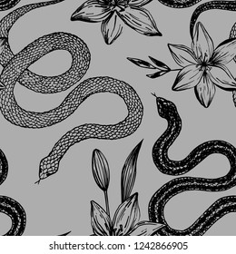 Seamless pattern. Hand drawn ink snake and lilies flowers, vector illustration. Snake silhouette illustration. Graphic sketch for print, patterns, clothes, fashion design, background, decor, textile.