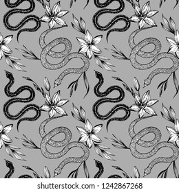 Seamless pattern. Hand drawn ink snake and lilies flowers, vector illustration. Snake silhouette illustration. Graphic sketch for print, patterns, clothes, fashion design, background, decor, textile.