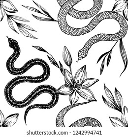 Seamless pattern. Hand drawn ink snake and lilies flowers, vector illustration. Snake silhouette illustration. Graphic sketch for print, patterns, clothes, fashion design, background, decor, textile.
