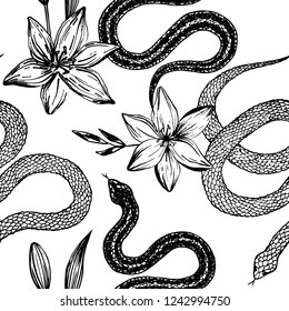 Seamless pattern. Hand drawn ink snake and lilies flowers, vector illustration. Snake silhouette illustration. Graphic sketch for print, patterns, clothes, fashion design, background, decor, textile.