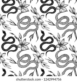 Seamless pattern. Hand drawn ink snake and lilies flowers, vector illustration. Snake silhouette illustration. Graphic sketch for print, patterns, clothes, fashion design, background, decor, textile.