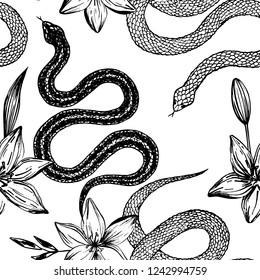 Seamless pattern. Hand drawn ink snake and lilies flowers, vector illustration. Snake silhouette illustration. Graphic sketch for print, patterns, clothes, fashion design, background, decor, textile.