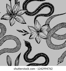 Seamless pattern. Hand drawn ink snake and lilies flowers, vector illustration. Snake silhouette illustration. Graphic sketch for print, patterns, clothes, fashion design, background, decor, textile.