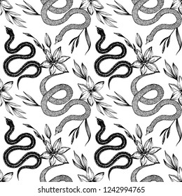 Seamless pattern. Hand drawn ink snake and lilies flowers, vector illustration. Snake silhouette illustration. Graphic sketch for print, patterns, clothes, fashion design, background, decor, textile.