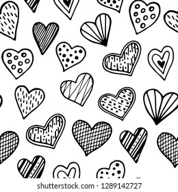 Seamless pattern of hand drawn with ink and brush heart icons with various decorative patterns. Love and marriage symbol. For wedding, engagement and Valentine’s day design