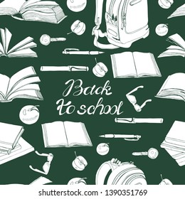 Seamless pattern of  hand drawn ink and inverted  sketch with books, sсhool items and lettering. White elements on dark green background. Vector illustration.