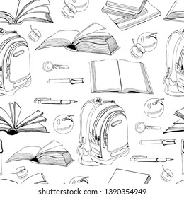 Seamless pattern of  hand drawn ink monochrome  sketch with books, sсhool items and lettering.Vector illustation isolated on white background.