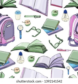 Seamless pattern of  hand drawn ink and colored  sketch with books and school items . Color elements isolated on white background. Vector illustration.