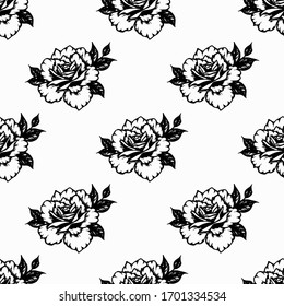 Seamless pattern of hand drawn ink roses. Beautiful flowers plants for decoration wrappers, paper for scrapbooking, banner, fabric. Stock vector illustration isolated on transparent background.