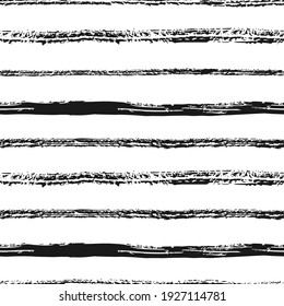 Seamless pattern with hand drawn with ink and brush black textured stripes on a white background in Scandinavian style. Monochrome vector background.  Perfect for kids production.