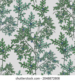 Seamless pattern with hand drawn in ink berries and leaves. Illustration of blueberry berries and branches.