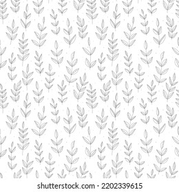 Seamless pattern with hand drawn ink branches and dots on white. Vector pattern for textile, paper and other design. Black and white.