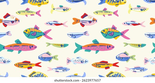 Seamless pattern with Hand drawn ink vector fishes. Conceptual, naive marine sketch.  Element for poster, social media, banners, invitation, textile design. Trendy abstract sardine background.