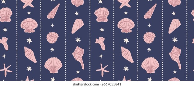 Padrão contínuo com conchas de vetor de tinta desenhadas à mão em faixas verticais. Conceitual, fundo de esboço marinho ingênuo.  Elemento para cartaz, mídia social, banners, convite.