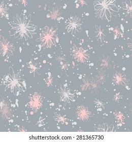 The seamless pattern with hand drawn ink flowers and splashes for your design. Artistic background.