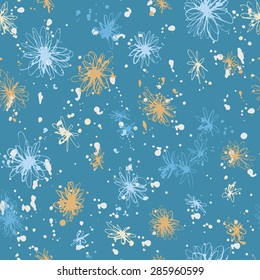 The seamless pattern with hand drawn ink flowers and splashes for your design. Artistic background.