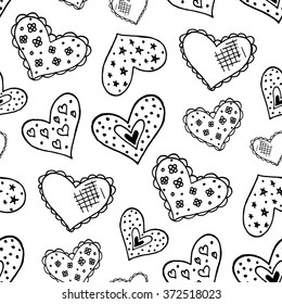 Seamless pattern with the hand drawn ink doodle hearts. Pattern in the swatches panel.