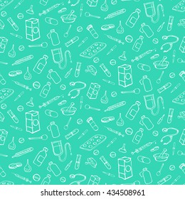 Seamless pattern with hand drawn ink icons for medicine and health. White medic icons - syringe, pipette, vial, bottle, blister, tablet, flask, Capsule, stethoscope on turquoise - endless pattern