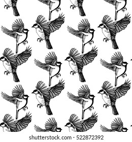 Seamless pattern with hand drawn ink birds