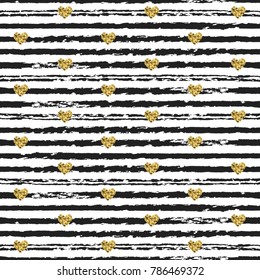 Seamless pattern with hand drawn ink lines and gold heart shapes. Ink illustration. Striped background. Valentines day