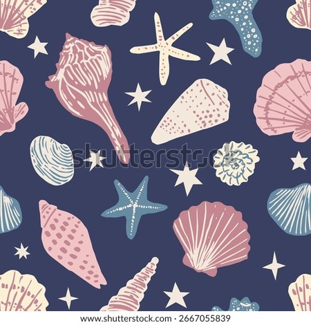Seamless pattern with Hand drawn ink vector seashells and stars. Conceptual, naive marine sketch background.  Element for poster, social media, banners, invitation. Trendy seafood menu template.