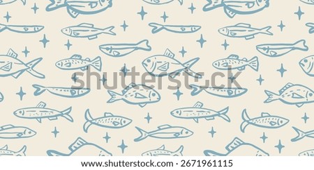 Seamless pattern with Hand drawn ink vector sketch fishes. Conceptual, naive marine sketch.  Element for poster, social media, banners, invitation, textile design. Trendy abstract sardine background.