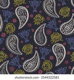 Seamless pattern with hand drawn inky Paisley, roses and luna moths on black background. Doodle mughal designs with sketchy butterflies and flowers repeat background.