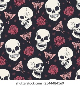 Seamless pattern with hand drawn inky floral skulls surrounded by luna moths and roses. Skeleton heads repeat background with butterflies and flowers.