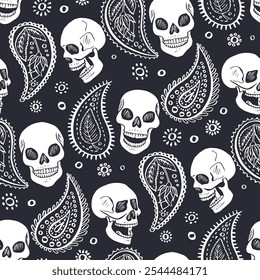 Seamless pattern with hand drawn inky floral skulls surrounded by paisley. Skeleton heads monochrome black and white repeat background.