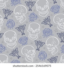 Seamless pattern with hand drawn inky floral skulls surrounded by luna moths and roses. Skeleton heads repeat background with butterflies and flowers.