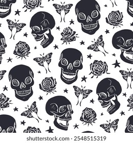 Seamless pattern with hand drawn inky floral skulls surrounded by luna moths and roses. Skeleton heads black and white repeat background with butterflies and flowers.