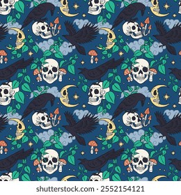 Seamless pattern with hand drawn inky ravens or crows sitting on human skulls. Celestial Skeleton heads in forest foliage repeat background. Night sky with crescents, birds and stars wallpaper