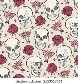 Seamless pattern with hand drawn inky floral skulls surrounded by luna moths and roses. Skeleton heads repeat background with butterflies and flowers.